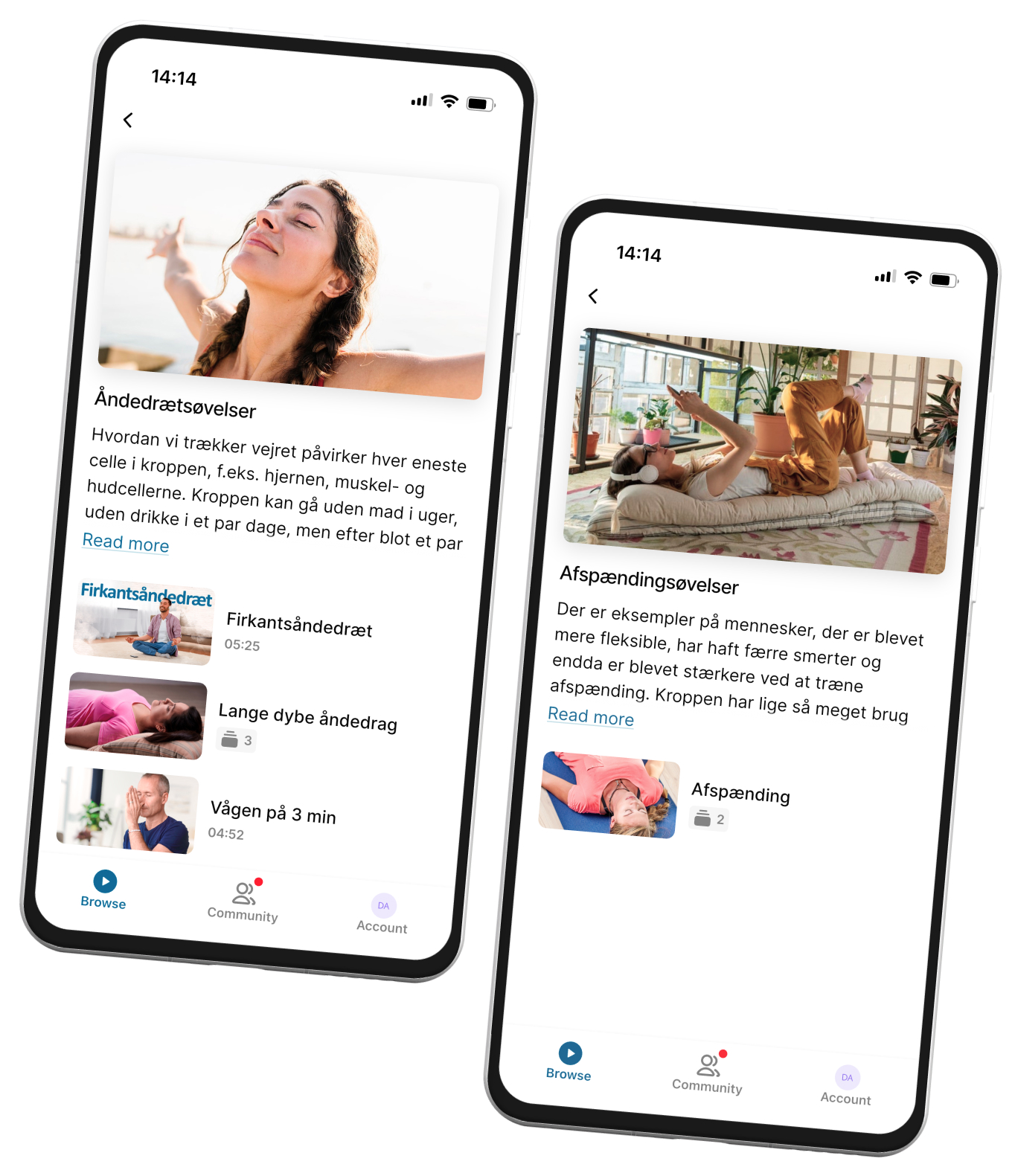 Mobiltelefoner med guidede vejrtræknings- og afslapningsøvelser i MediYoga Play-appen.