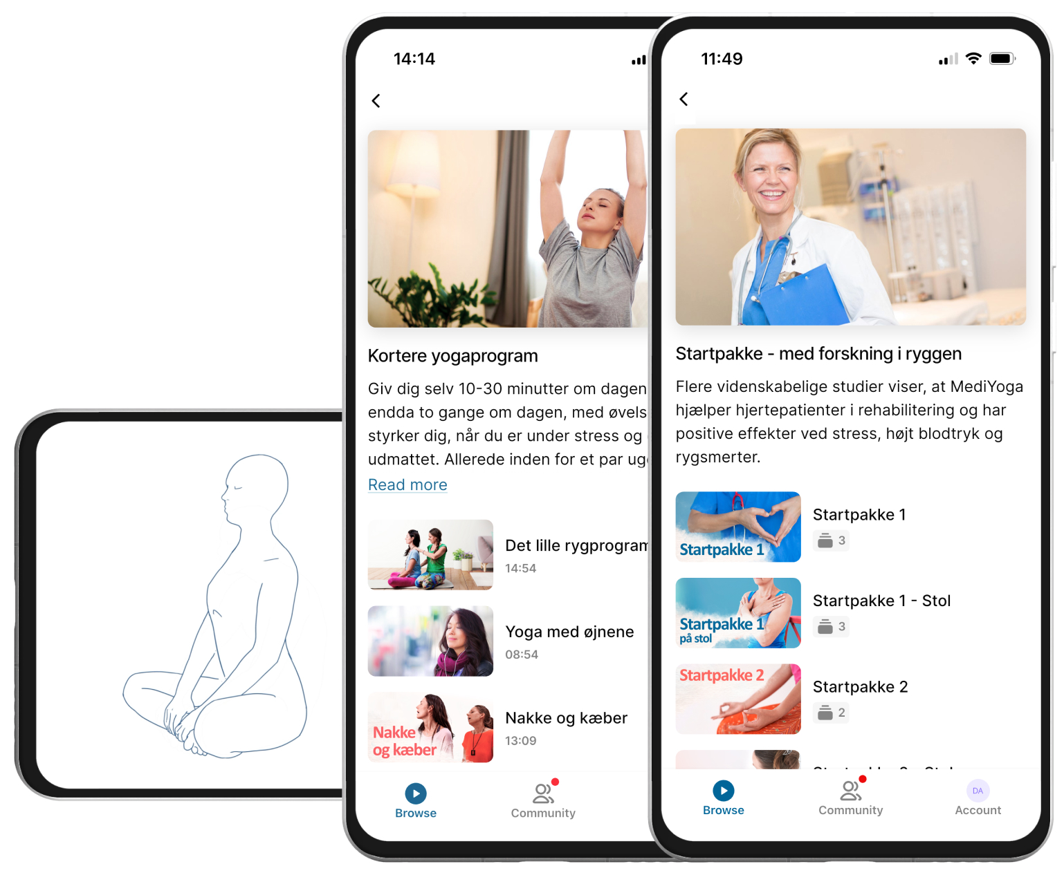 Mobiltelefoner med forskellige yogaprogrammer, herunder startpakken, i MediYoga Play-appen.