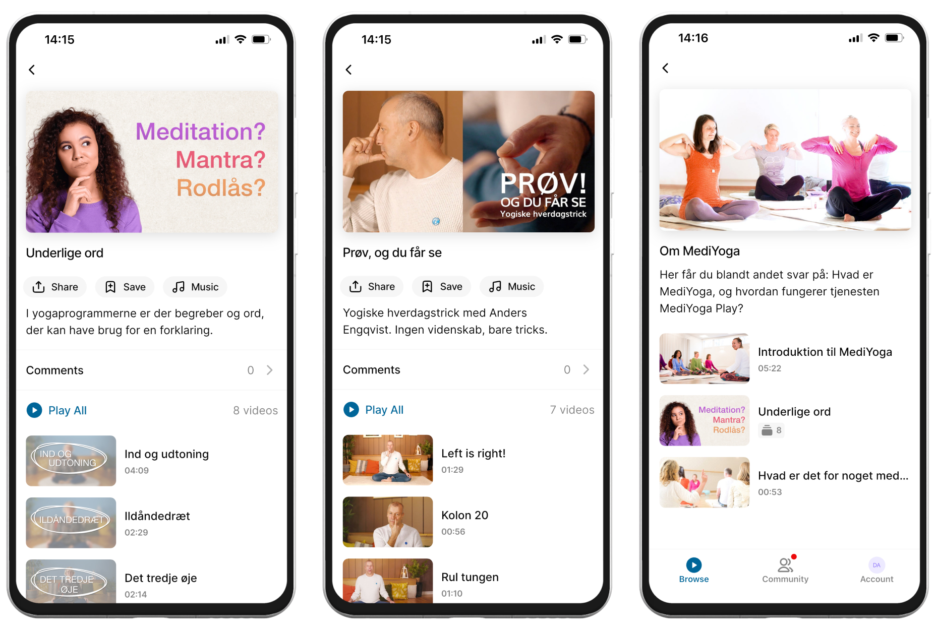 Mobiltelefoner med undervisningsvideoer om yoga, sundhed og velvære i MediYoga Play-appen.